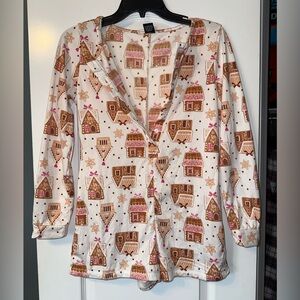 Gingerbread House Print Button-Up Shirt